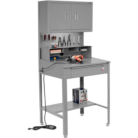 Global Industrial Flat Surfaced Shop Desk w/ Cabinet & Pegboard, 34-1/2inW x 30inD, Gray 249690GY